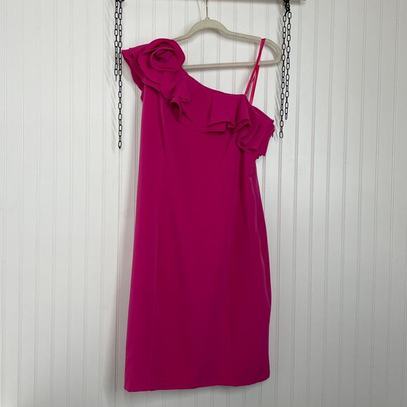 NWT Marina Fuschia Ruffled One Shoulder Dress Plus Size 16 Knee Length - Picture 2 of 8
